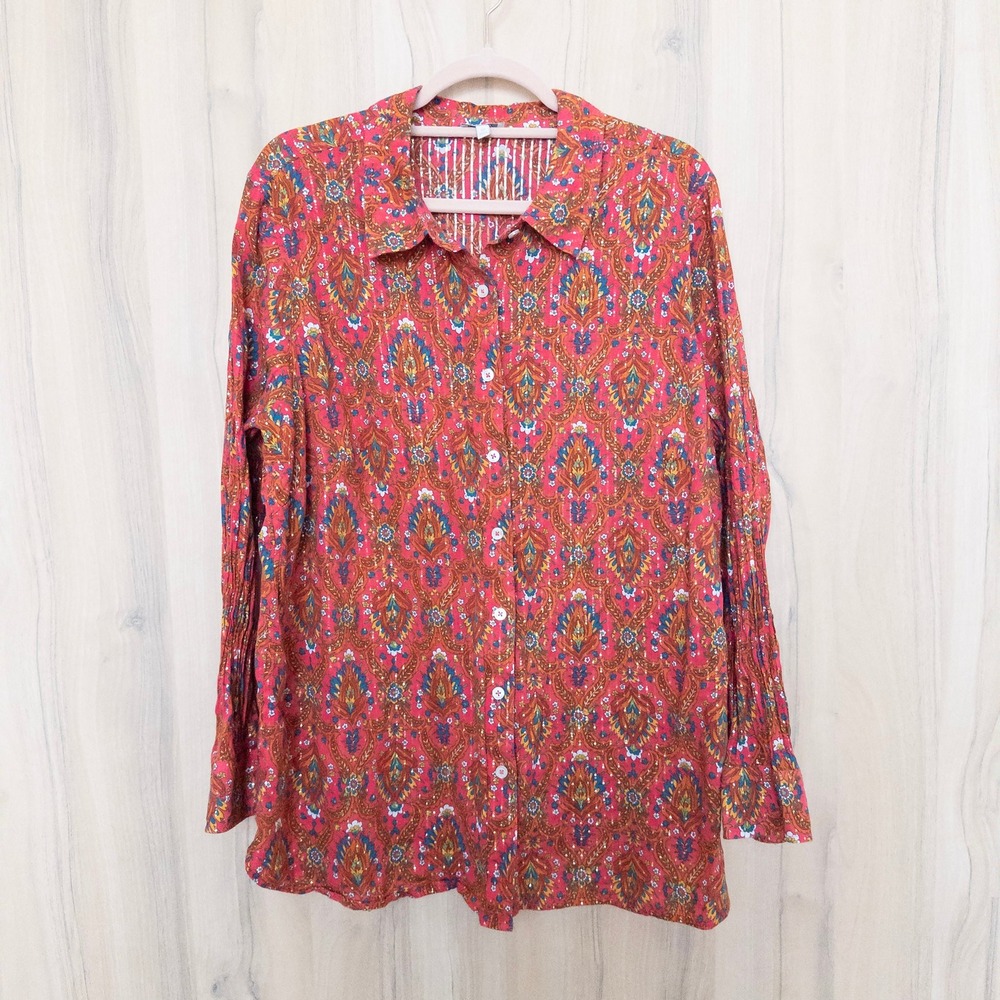 Talbots Womens Button Down Shirt‎ Size 2X Multicolor Floral Metallic Boho Chic